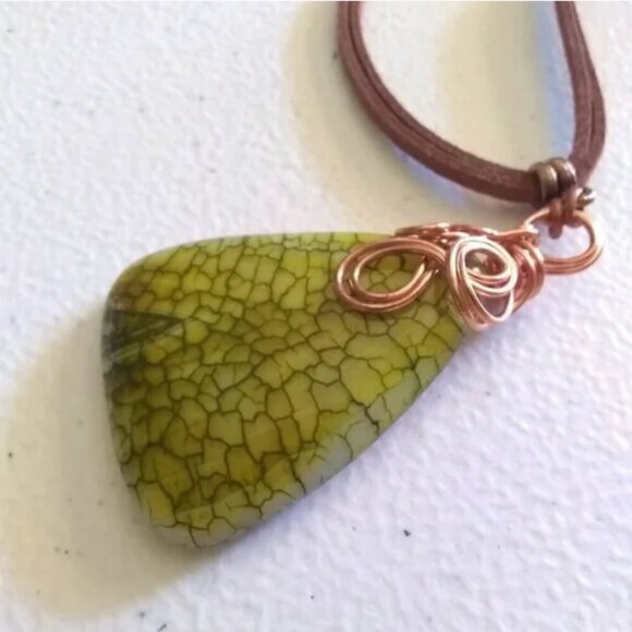 Handmade Copper Wrapped Green Agate Pendant • Vegan Suede • Boho Necklace - Picture 12 of 16